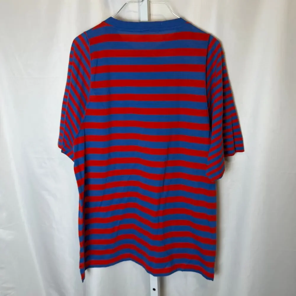 VTG 80s Levi’s Red Blue Striped Henley Shirt L Made in Korea Sleeve Logo Preppy